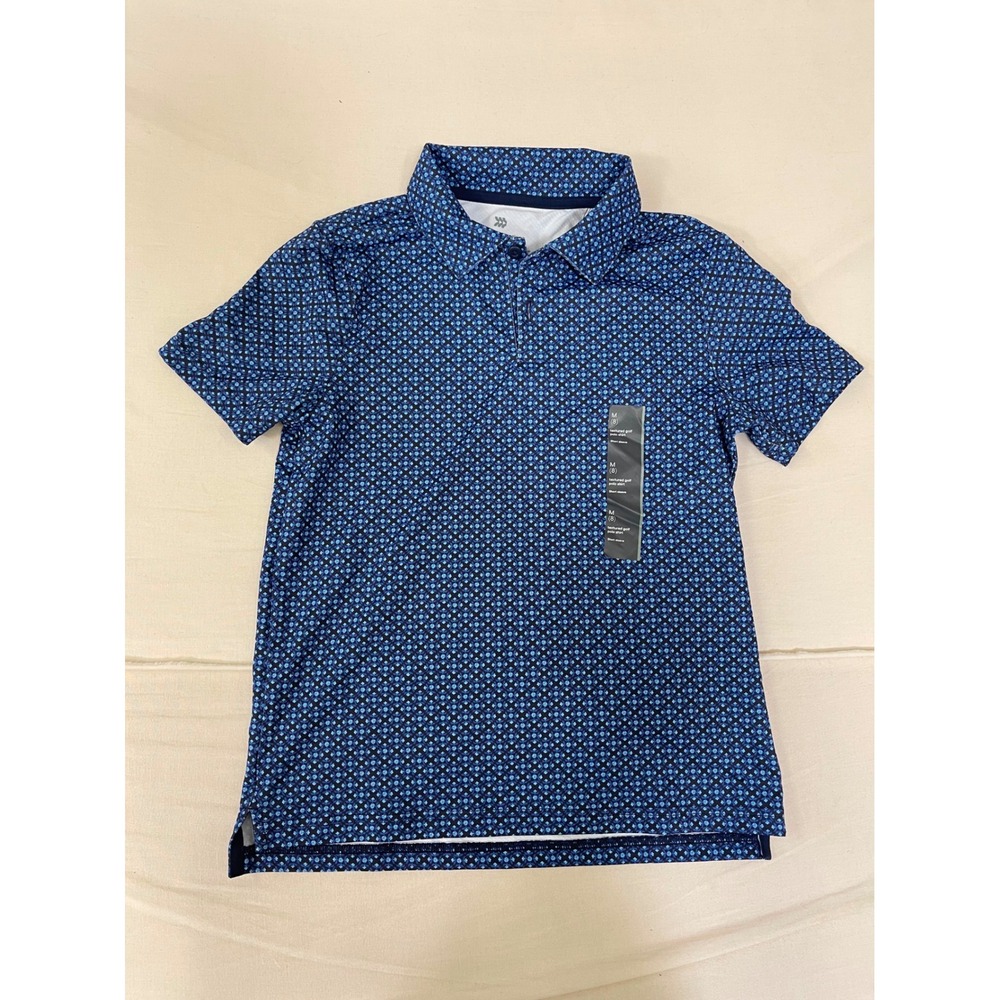 All In Motion Boys Textured Golf Polo Shirt Navy Blue Geometric Floral Size M 8